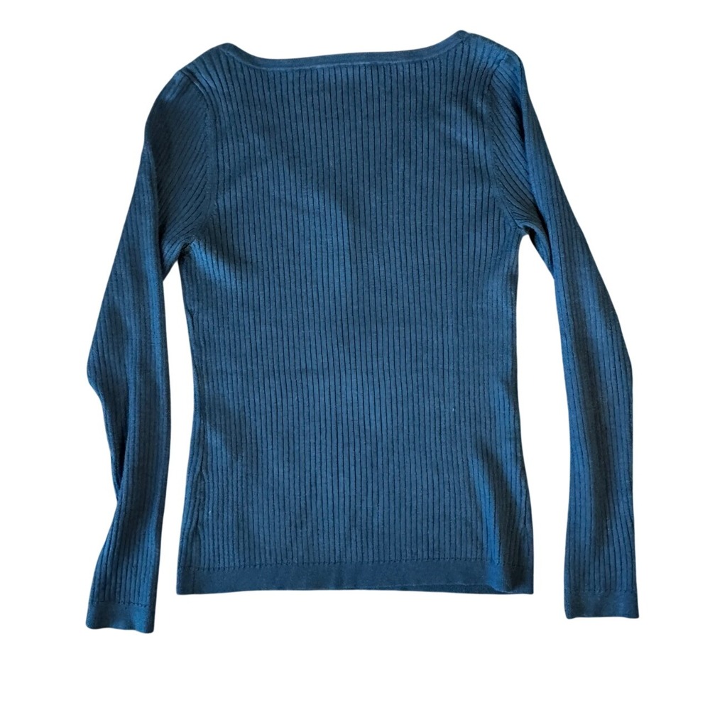 White House Black Market WHBM Size M Teal Ribbed Henley Sweater Pointelle V-Neck - Picture 5 of 6